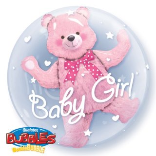 Luftballon B&auml;r im Ballon Baby Girl rosa  Bubble Folie &oslash;61cm