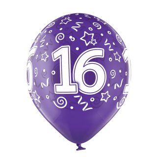 6 Luftballons Zahl 16 Mix &oslash;30cm