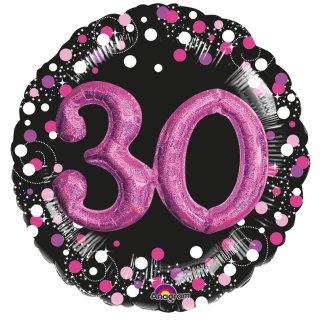 Luftballon Zahl 30 3D Effekt holographisch funkelnd Schwarz Pink Folie ø91cm