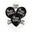 6 Luftballons Happy Birthday Schwarz Wei&szlig; &oslash;30cm