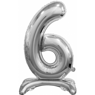 Godan Folienballon -Zahl 6- Silber mit Standfuß  stehend 74cm-1St