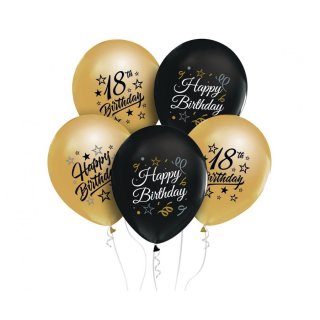 5 Luftballons Zahl 18 Happy Birthday Schwarz-Gold &oslash;30cm