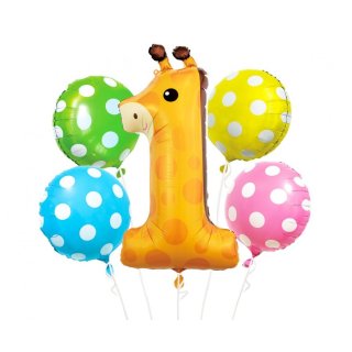5 Luftballons Zahl 1 Giraffe 90cm und 4 Ballons ø46cm-Set Folie