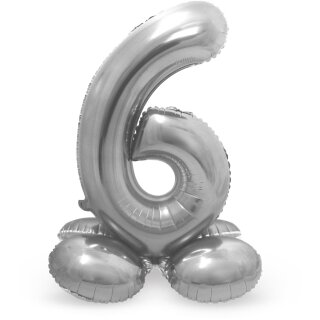 Folat Folienballon -Zahl 6- Silber mit Standfuß stehend 72cm-1St