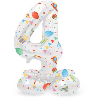 Folat Folienballon -Zahl 4- Weiß mit Standfuß stehend 72cm-1St