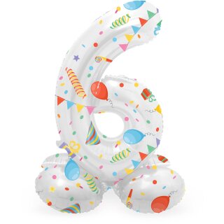Folat Folienballon -Zahl 6- Weiß mit Standfuß stehend 72cm-1St