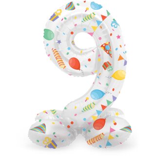 Folat Folienballon -Zahl 9- Weiß mit Standfuß stehend 72cm-1St