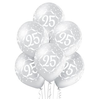 6 Luftballons Zahl 25 Silber &oslash;30cm