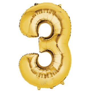 Globos Folienballon -Zahl 3- Gold Folie 86cm-1St