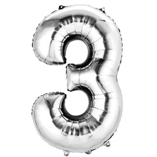 Globos Folienballon -Zahl 3- Silber Folie 86cm-1St