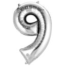 Globos Folienballon -Zahl 9- Silber Folie 86cm-1St